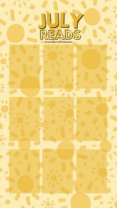 the cover of july reads magazine, featuring yellow squares and dots on white paper with black ink