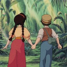 the princess and the frog are holding hands in front of a jungle scene with trees