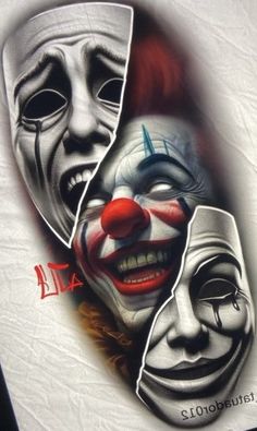 two faces painted on the side of a white sheet with red and blue clowns