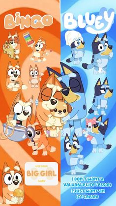 an image of cartoon characters in different colors and sizes, with the words bluey on them