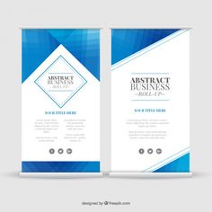 two blue and white business brochure with geometric shapes on the front, back and sides