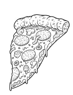 a slice of pizza with different toppings on it is outlined in black and white