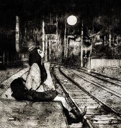 a black and white drawing of two people sitting on train tracks in the rain at night