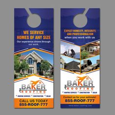 two door hangers with an image of a house on them and the words baker roofing