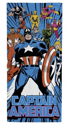 the captain america movie poster is shown with many different characters in front of it, including one