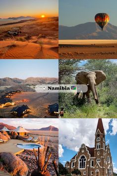 four different pictures with an elephant, hot air balloon, and mountains in the background