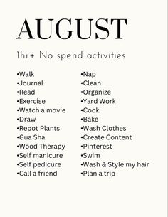 the words august and no spend activities are shown in black on a white background with text