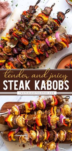 steak kabobs are served on skewers with sauce