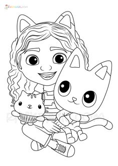 a coloring page with a girl and cat on her lap, in front of a white background