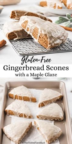 gingerbread scones with maple glaze are on a baking sheet and have been cut in half