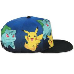 Show your fandom with this snapback cap featuring four of the most classic Pokémon characters and a bold blue gradient color. Cap includes an adjustable snapback for one-size fits most sizing. Makes a great gift or a great piece to wear to your favorite pop funure convention. Adjustable Snapback Hat For Fan Merchandise, Adjustable Snapback Hat For Fans, Casual Blue Trucker Hat For Fans, Adjustable Snapback Visor Hat For Fans, Adjustable Visor Snapback Hat For Fans, Blue Trucker Hat For Fan Merchandise, Themed Adjustable Baseball Cap, Blue Adjustable Themed Hat, Adjustable Themed Blue Hat