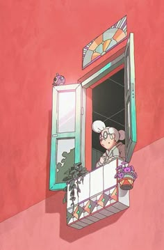 an anime character looking out the window at another character on the other side, holding a potted plant