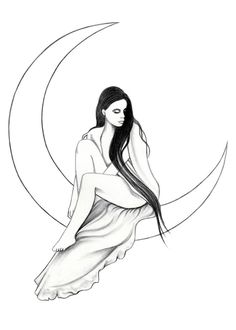 a drawing of a woman sitting on the moon with her hair blowing in the wind