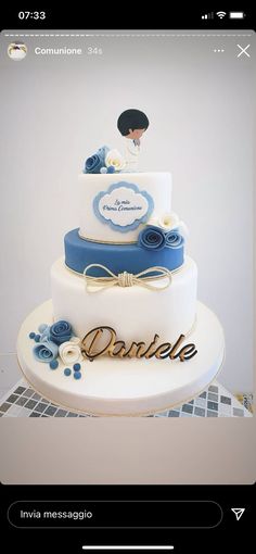 a three tiered cake is decorated with blue flowers