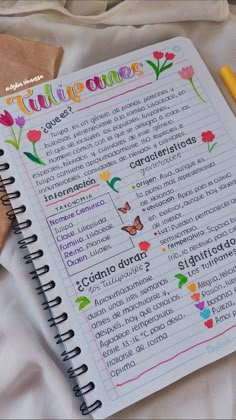 an open notebook with spanish words on it