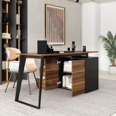 an office with a desk, chair and bookshelf in the middle of it