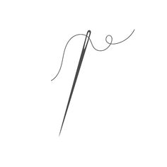 a black and white drawing of a needle with thread on it's end, against a white background