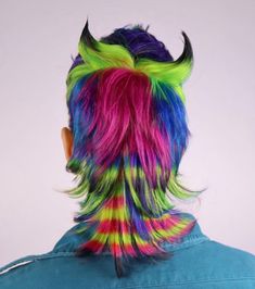 Clowncore Oc, Drag Hair, Character Appearance, Exotic Hair, Multicolor Hair, Hair Rainbow, Exotic Hairstyles, Wolf Cut, Blue Rainbow