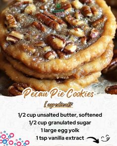 some pecan pie cookies are stacked on top of each other