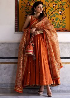 Bridal Kurti Designs, Suit Designs Indian Style Wedding, Bridal Trousseau Outfits, Pooja Outfit Indian, Orange Indian Wedding Dress, Orange Anarkali Suits, Orange Indian Outfit, Haldi Outfit For Bride, Shaadi Outfits