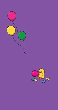 two balloons floating in the air next to each other on a purple background with yellow and pink colors