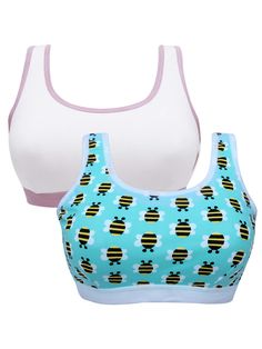 D'chica Pack of 2 Blue bee Print & White Sports Bra For Girls Printed Bras, White Sports Bra, Bee Print, Comfort Wear, Padded Bras