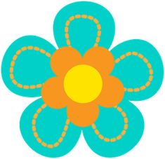 an orange and blue flower with circles around it on a light blue background, in the shape of a circle