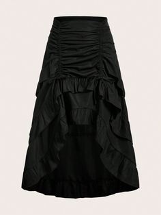 Solid Drawstring Ruched Ruffle Hem Skirt Black Casual   Woven Fabric Halloween,Plain Asymmetrical Non-Stretch  Women Clothing, size features are:Bust: ,Length: ,Sleeve Length: Steampunk Skirt, Gothic Skirt, Bustle Skirt, Corset Skirt, Black Costume, Gothic Steampunk, Half Skirt, Party Skirt, Black Skirt