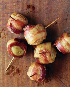 bacon wrapped meatballs on skewers with toothpicks