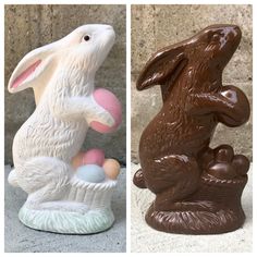 two ceramic sculptures of rabbits and eggs in the shape of easter bunnies, one is brown and one is white