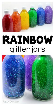 rainbow glitter jars with text overlay reading rainbow glitter jars