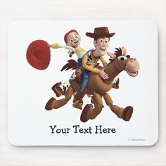 the toy story characters are riding on a horse mouse pad, which is printed with your text here