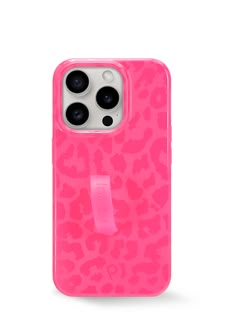 an iphone case with pink leopard print on the front and back sides, featuring two camera lens