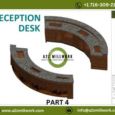 the reception desk is made out of wood and granite