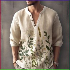 Soft Streetwear, Mens Printed Shirts, Floral Long Sleeve Shirt, Streetwear Mode, Linen Fashion, Mens Henley, Linen Shirt Men, Mens Linen, Mens Fashion Fall