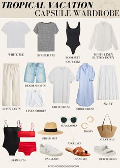 A Minimalistic and Chic Tropical Vacation Capsule Wardrobe - MY CHIC OBSESSION Beach Capsule Wardrobe, Vacation Capsule Wardrobe, Vacation Capsule, Beach Outfit Ideas, Capsule Wardrobe Women, Vacation Outfits Women, Hawaii Outfits, Capsule Wardrobe Outfits, European Summer Outfits