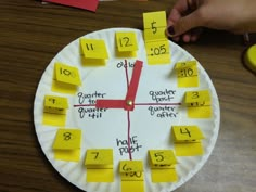 a paper plate with yellow sticky notes on it and a clock made out of post - it notes