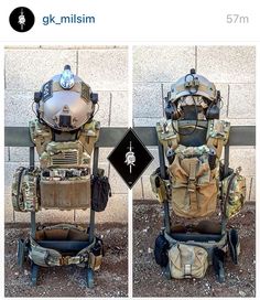 two pictures of the back and side of a backpack with multiple compartments, one in camo