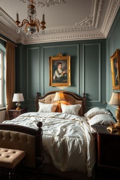 a bedroom with green walls and paintings on the wall