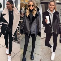 Faux Leather Jacket Outfit, Shearling Jacket Outfit, Leather Jacket Outfit Winter, Black Jacket Outfit, 200 Fashion, All Black Outfit Ideas, Black Leather Jacket Outfit, Black Shearling Jacket, Winter Jacket Outfits