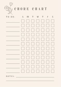 a printable chore chart with flowers on the top and bottom, in black ink