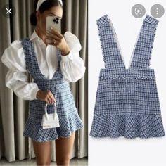 New With Tag Size Large (L) Elegant Blue Skirt For Brunch, Blue Sleeveless Dress With Lined Skirt, Elegant Blue Zara Skirt, Blue Mini Skirt For Brunch, Pinafore Skirt, Velvet Shirt Dress, White Corset Dress, White Knit Dress, Zara Tweed