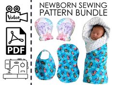 the newborn sewing pattern bundle includes two swaddles and bibs