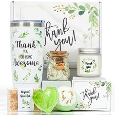 thank you for being awesome gift set with green leafy leaves and white ceramic jar