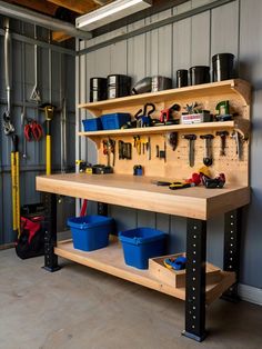 a workbench with lots of tools on it in a storage room next to a wall