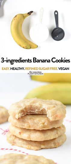 three ingredient banana cookies are stacked on top of each other with bananas in the background