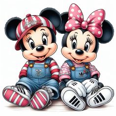 two mickey and minnie mouses sitting next to each other wearing overalls with bows on their heads