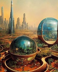 two futuristic buildings in the middle of a desert with trees and plants growing on them