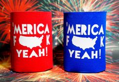 two red, white and blue mugs with fireworks in the background