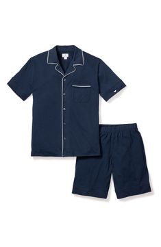 Contrast piping keeps things crisp in cozy pajamas made of buttery-smooth pima cotton designed to soften after each wash and resist fading. Top has front button closure; notched collar; short sleeves; chest patch pocket Bottoms have elastic waist 100% pima cotton Machine wash, dry flat Made in Peru Men’s Pajamas, Mens Navy Shorts, Men Sleepwear, Men Pajamas, Pajama Short Set, Character Clothes, Cotton Pajama Shorts, Preppy Boys, Girls Pjs